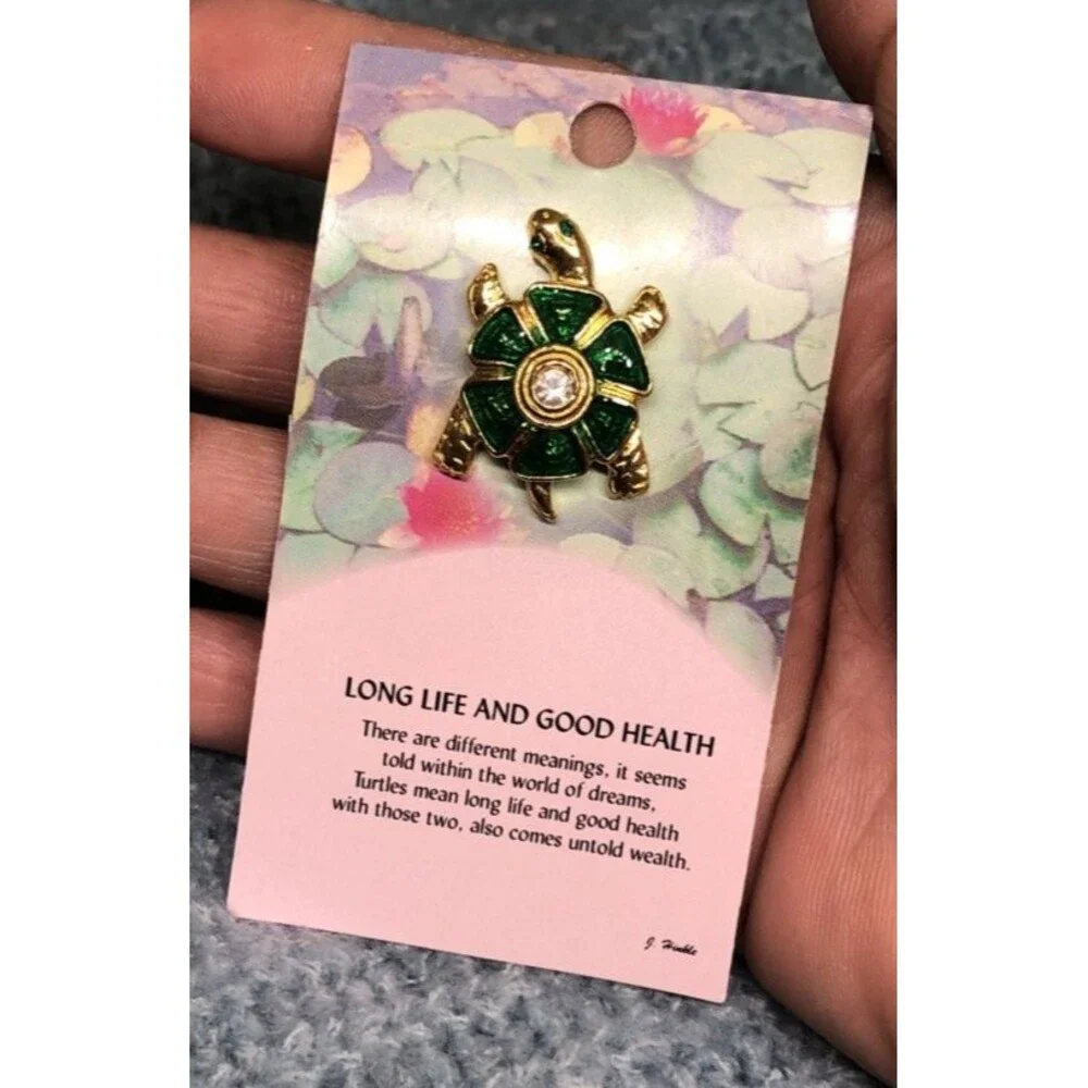 Gold-Tone Turtle Pin Green Enamel Clear Rhinestone Center